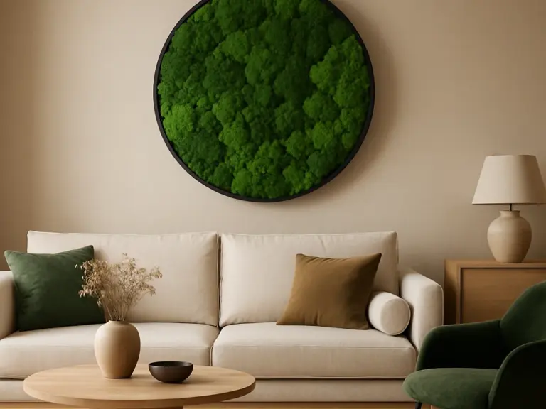 Erfahre, wie du mit einem runden Moosbild dein Wohnzimmer stilvoll aufwerten kannst. Entdecke Styling-Tipps, Montageanleitungen und Pflegehi