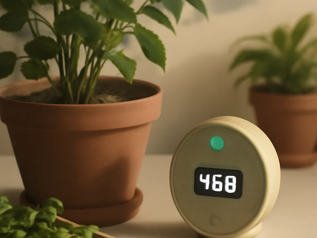 Hand hält CO2-Sensor vor Pflanze