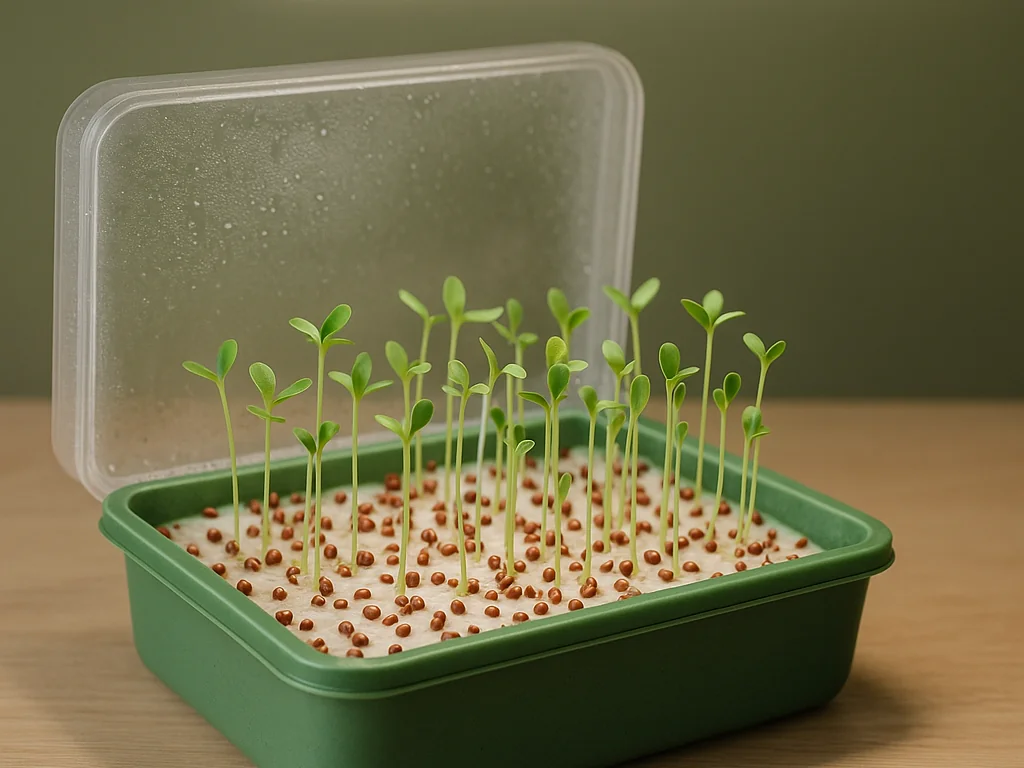 Langsame Keimlinge in einer Keimbox unter LED-Lampe