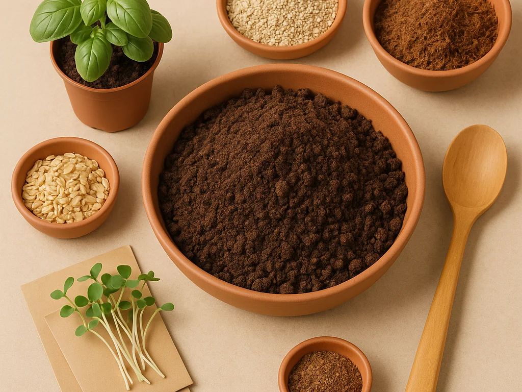 Schaufel mit selbstgemischter Anzuchterde in Eimer